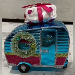 Trailer Camper Christmas Ornament Blue Pink Glitter wreath present pink plastic